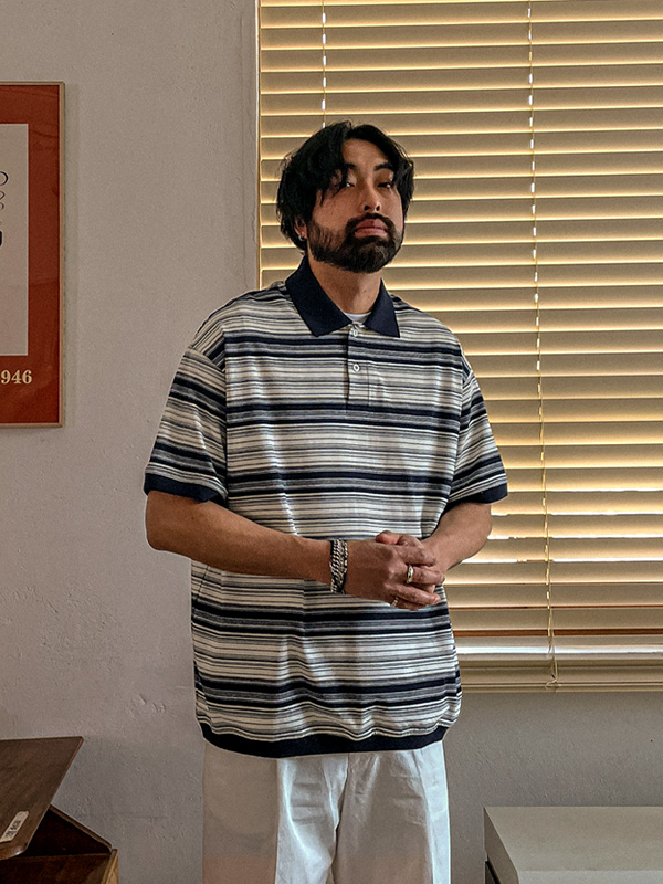 (XL-6XL)<BR>알모라 ストライプ 半袖襟Tシャツ Q88955