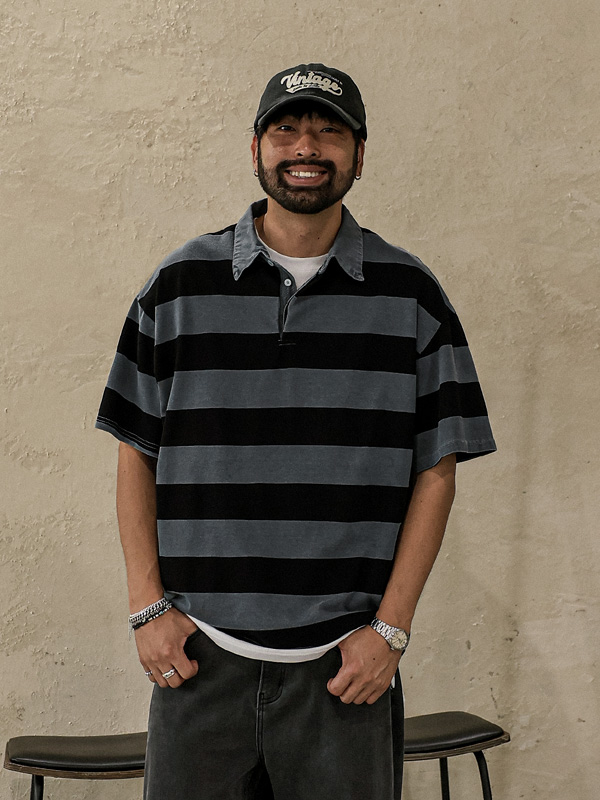 (XL-6XL)<br>알파타르 縞模様 半袖襟Tシャツ