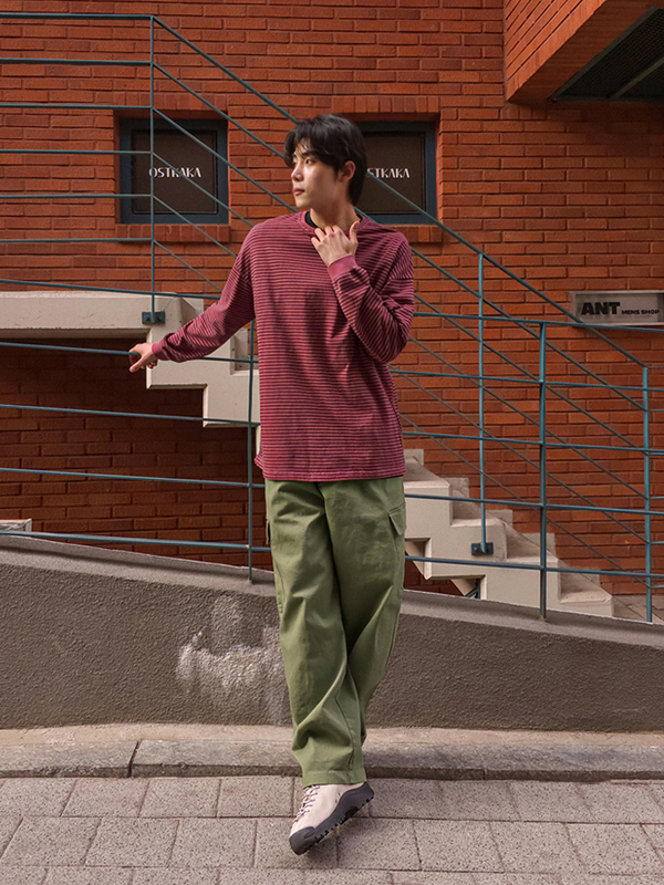 (XL-5XL)<BR>두다슈 顔料 縞模様 長袖Tシャツ