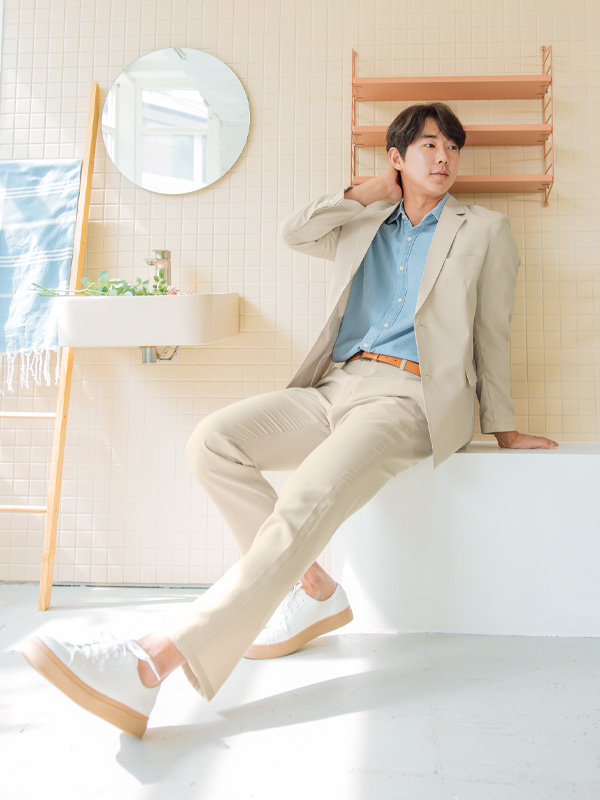 [SET](L-6XL)<BR>모그파스 リネンのジャケット+브라이언 バンディングスラックス
