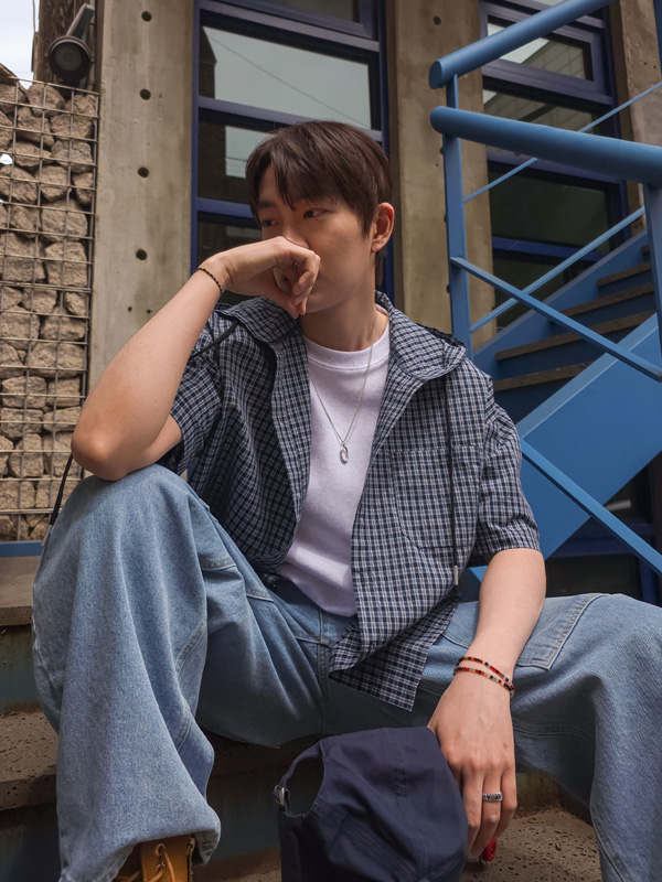 (XL-4XL)<br>무슈 フード　 チェック半袖シャツ