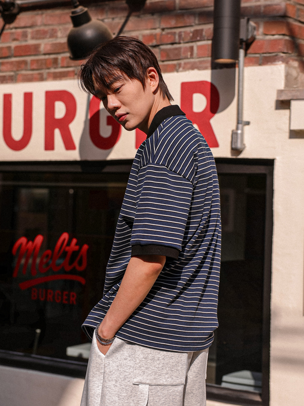 팝타르 縞模様 半袖襟Tシャツ