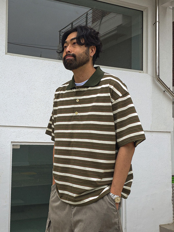 (XL-4XL)<br>루칼레 縞模様 半袖襟Tシャツ