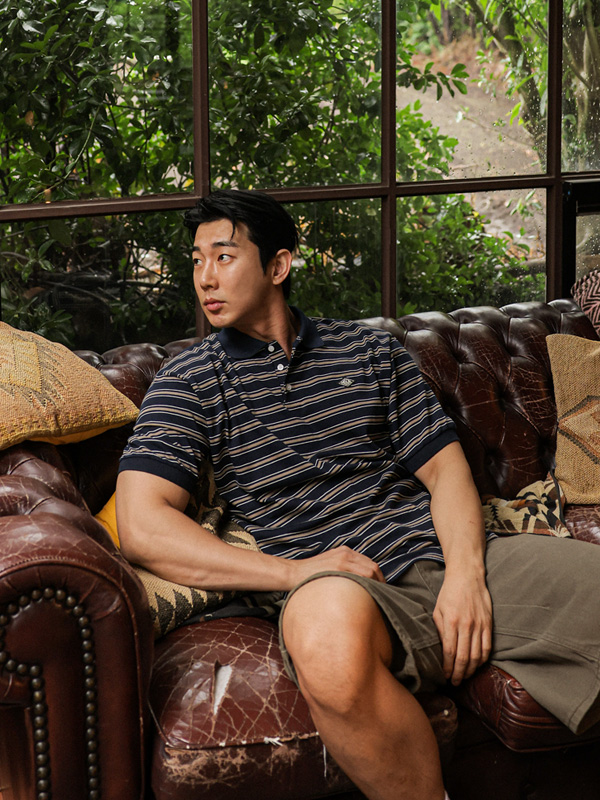 (L-7XL)<BR>하트우드 縞模様 半袖襟Tシャツ