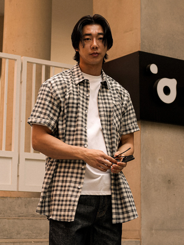 (L-5XL)<br>치드린 チェック半袖シャツ N005