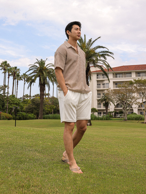 (L-5XL)<br>토냐 ストライプ オープンカラー 半袖のニット