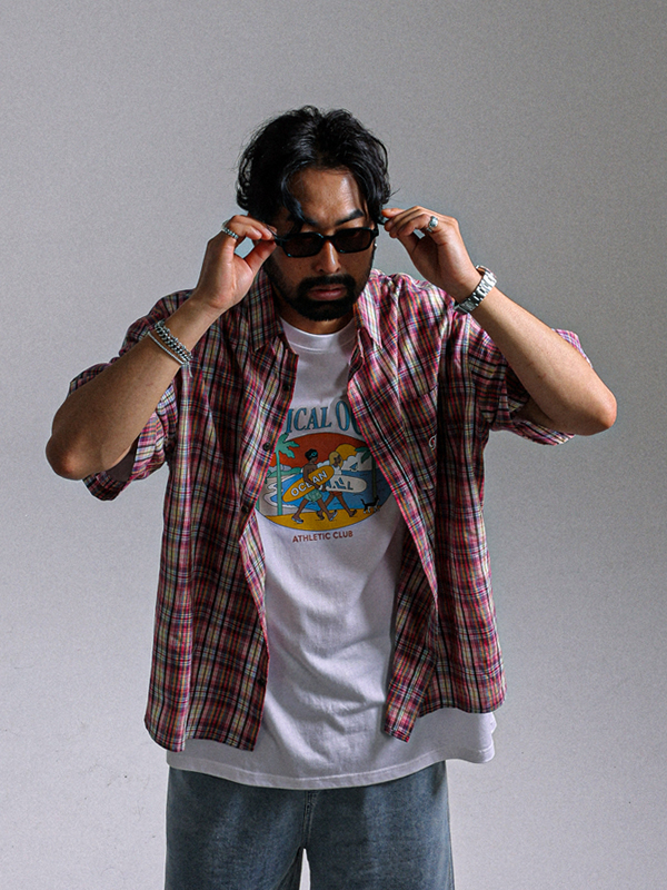 (L-4XL)<BR>발로트라 チェック半袖シャツ 414