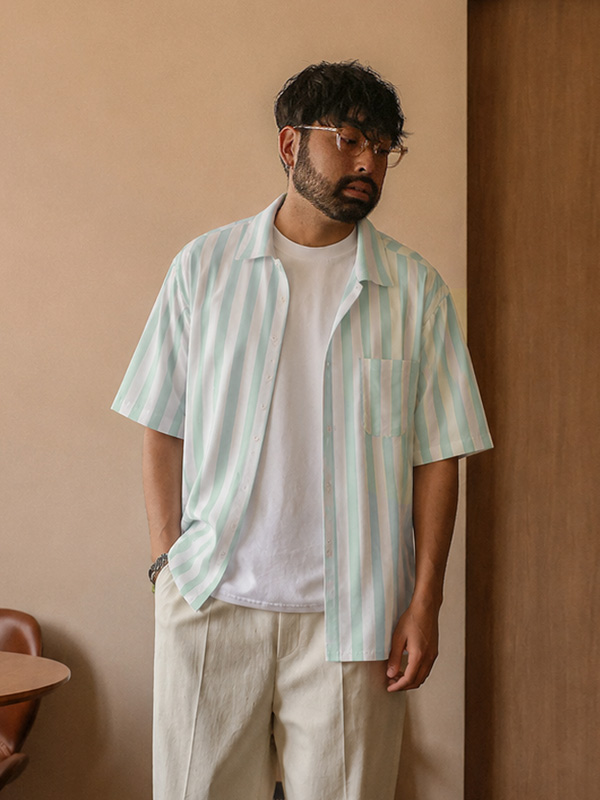 (L-5XL)<BR>타마두 ストライプ 半袖シャツ