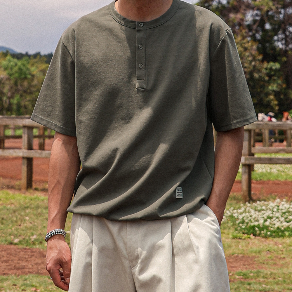 (M-6XL)<br>톰마시 넣은척 ヘンリーネック 분또반팔티