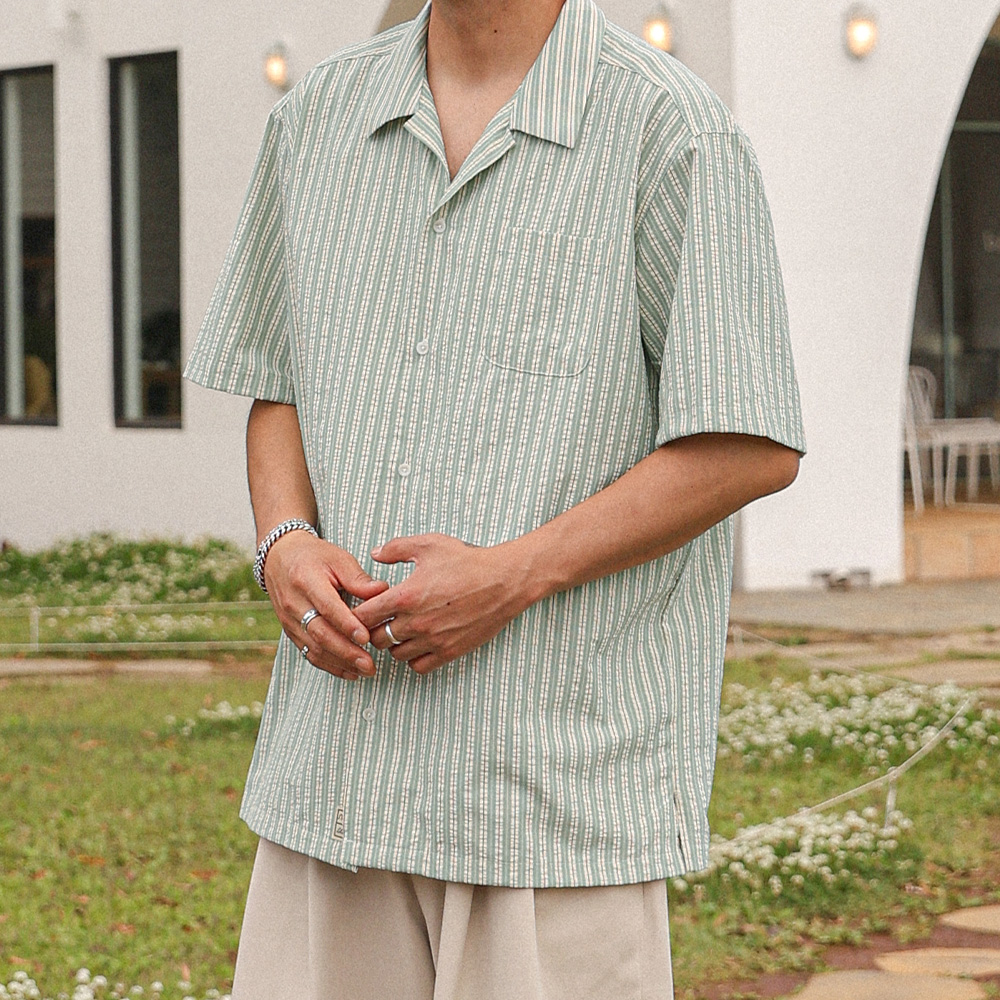 (XL-6XL)<br>샤룩 시어서커 ストライプ 半袖シャツ N024