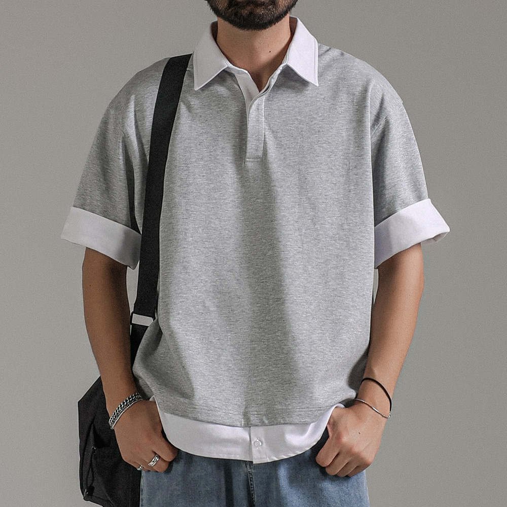 (L-7XL)<BR>리번어스 レイヤード 半袖襟Tシャツ