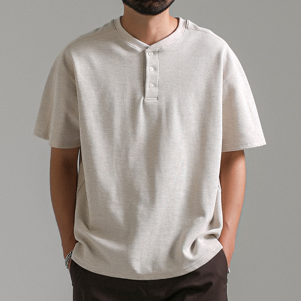 (L-5XL)<BR>로우링스 ヘンリーネック ワッフル半袖Tシャツ