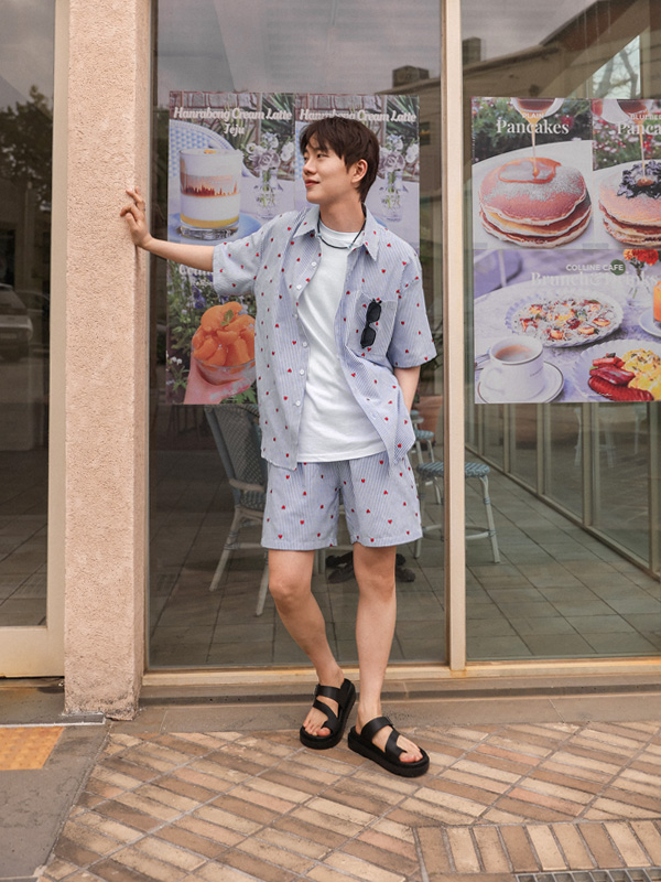 (L-7XL)<BR>하트스톤 ストライプ 半袖シャツ