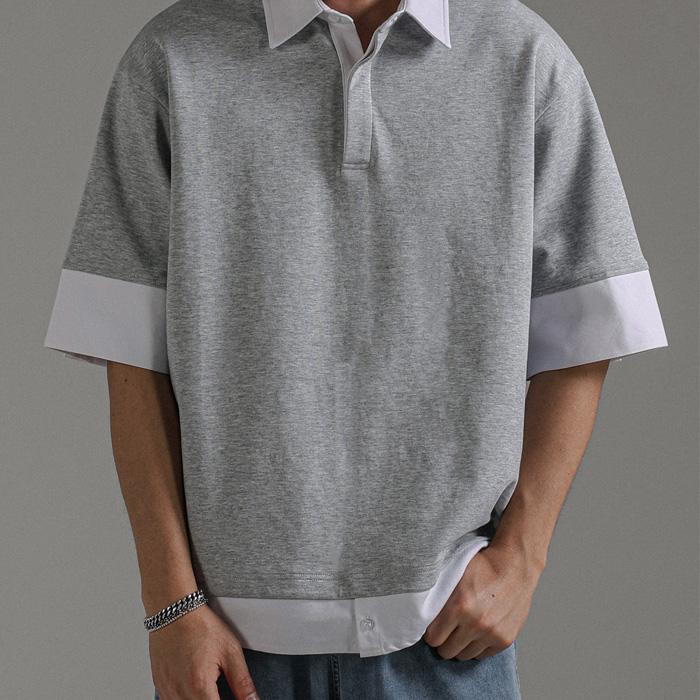 <font color="#cc4533">★오까네데이★</font><br>(L-7XL)<BR>리번어스 レイヤード 半袖襟Tシャツ