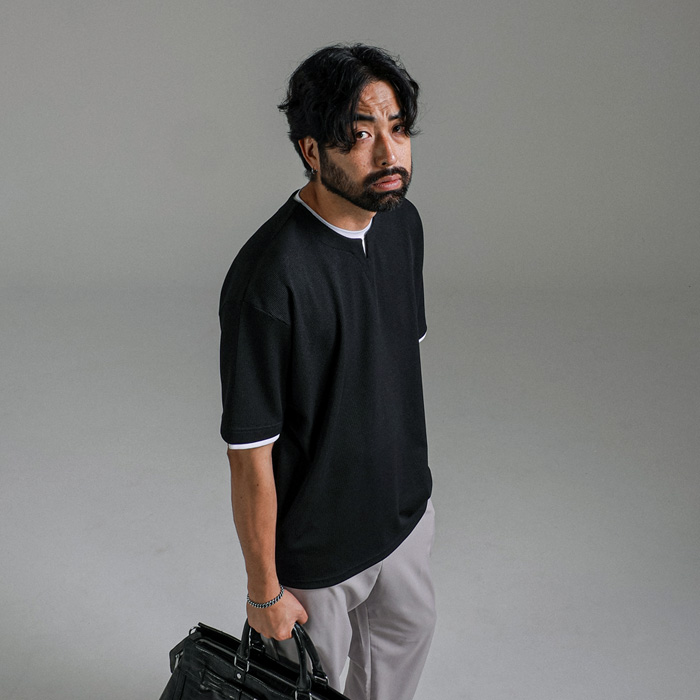 (XL-6XL)<br>카히카 レイヤード ブイネック ワッフル 半そでティー
