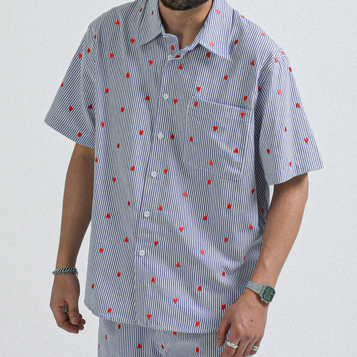 (L-7XL)<BR>하트스톤 ストライプ 半袖シャツ