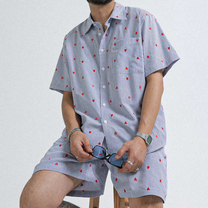 [SET](L-7XL)<br>하트스톤 ストライプ 半袖シャツ + 아비뇽 ストライプ バンディング半ズボン