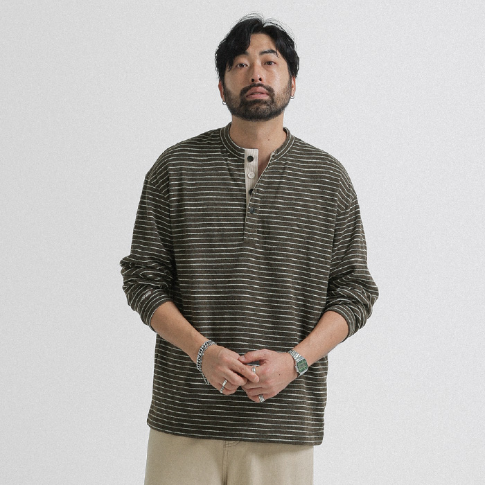 (L-7XL)<BR>비드지스 縞模様 ヘンリーネック 長袖Tシャツ