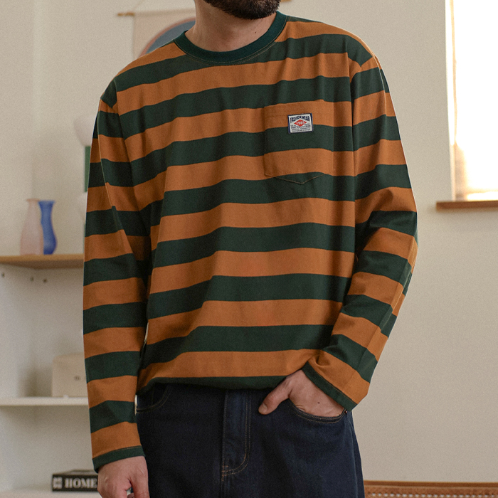 (L-7XL)<BR>올라이나 縞模様 長袖Tシャツ(넣은척/サイド·スリット)